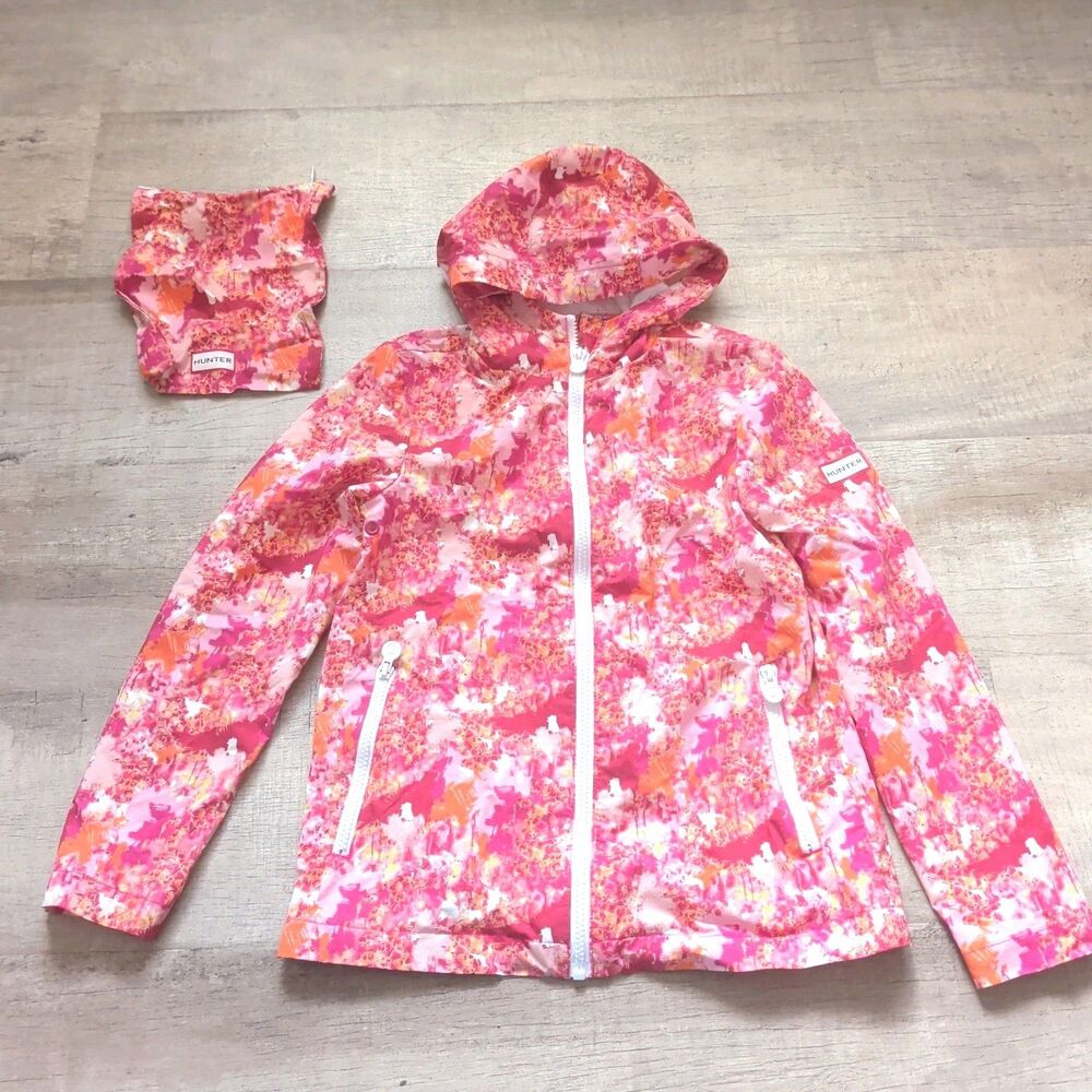 New HUNTER girls Sz M windbreaker hooded rain jacket With Portable Bag